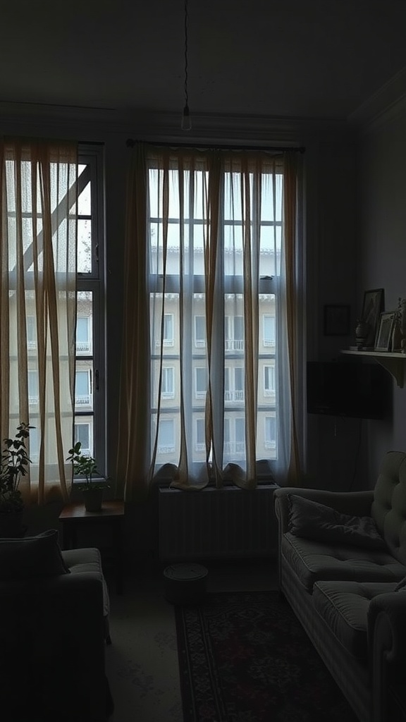 A cozy living room with soft curtains framing the windows, a plant on a small table, and a comfortable sofa.