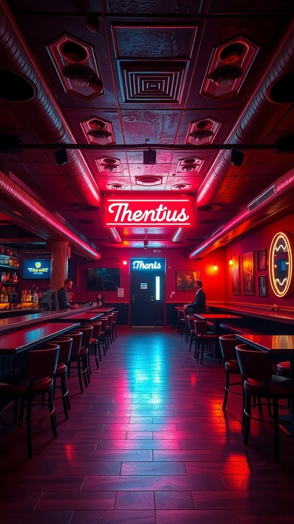 Image of a bar interior featuring neon accent lighting with a sign that says 'Thentius'.