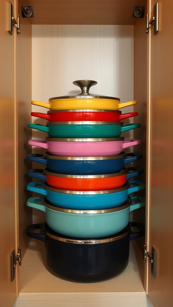 Colorful nesting cookware neatly stacked in a cabinet