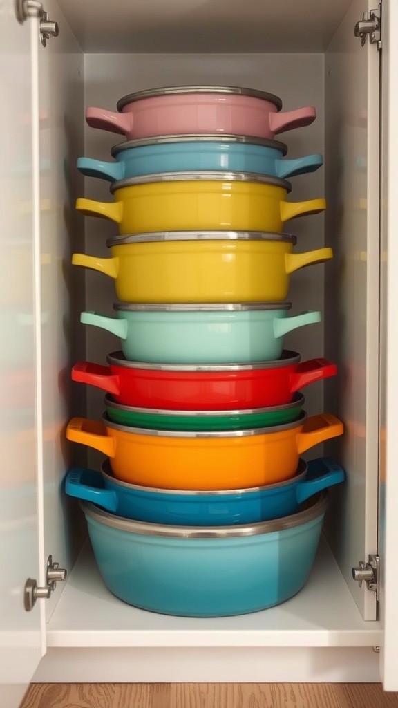 A colorful set of nesting cookware displayed neatly in a cabinet, showcasing various sizes and vibrant colors.