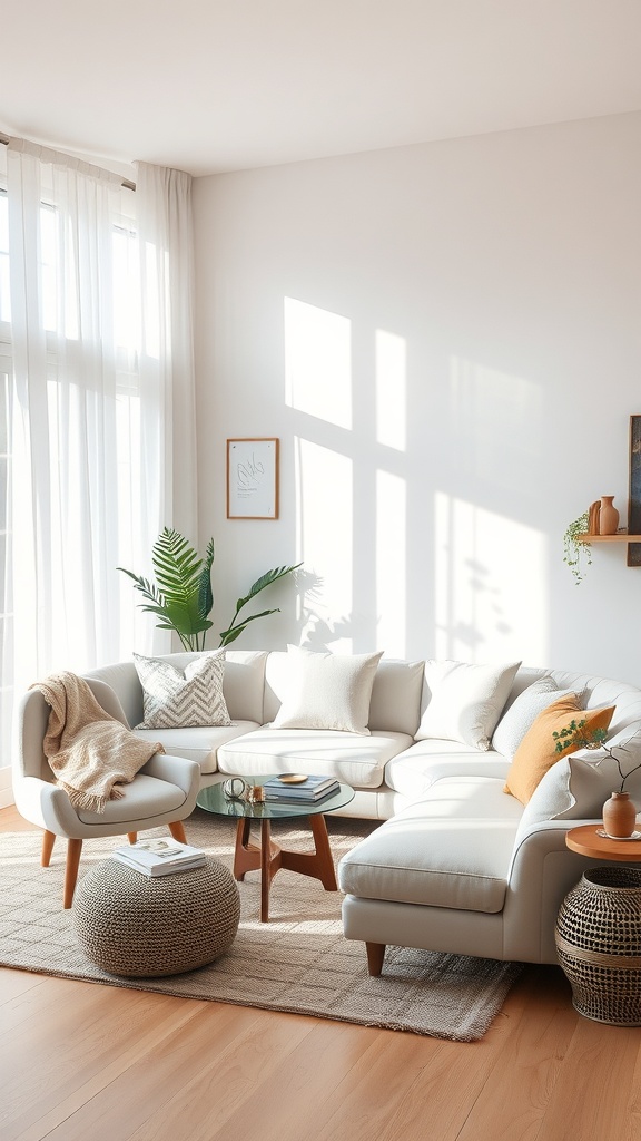 A bright and cozy living room featuring a neutral color palette with a sectional sofa, pillows, greenery, and wooden furniture.