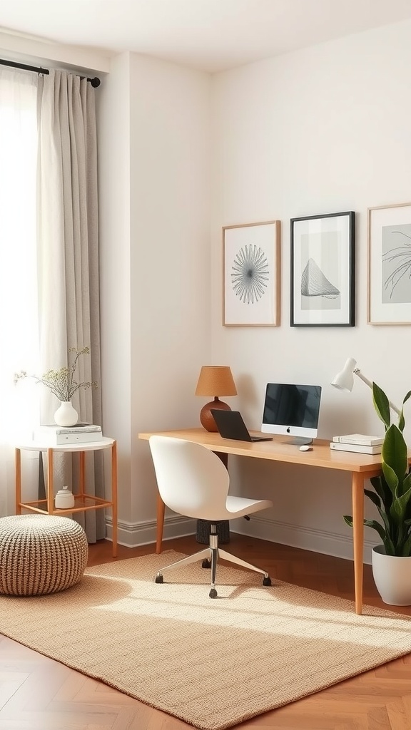 A cozy home office area with a neutral color palette, featuring a wooden desk, a computer, and decorative plants.