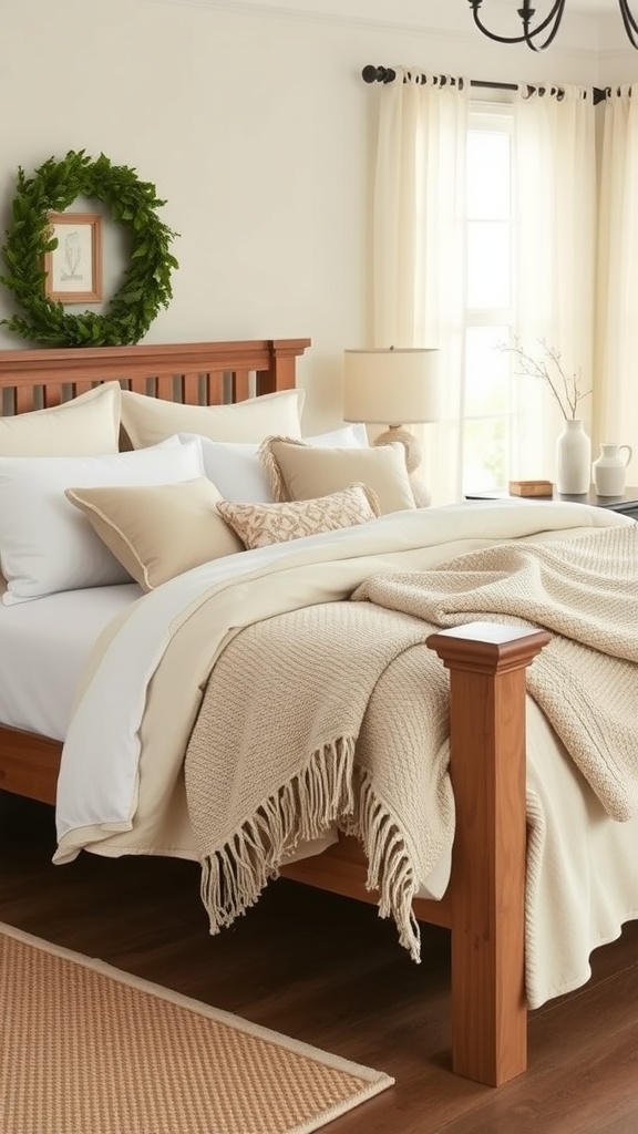 A cozy bedroom featuring neutral farmhouse style bedding with a wooden bed frame, layered pillows, and a knitted throw blanket.