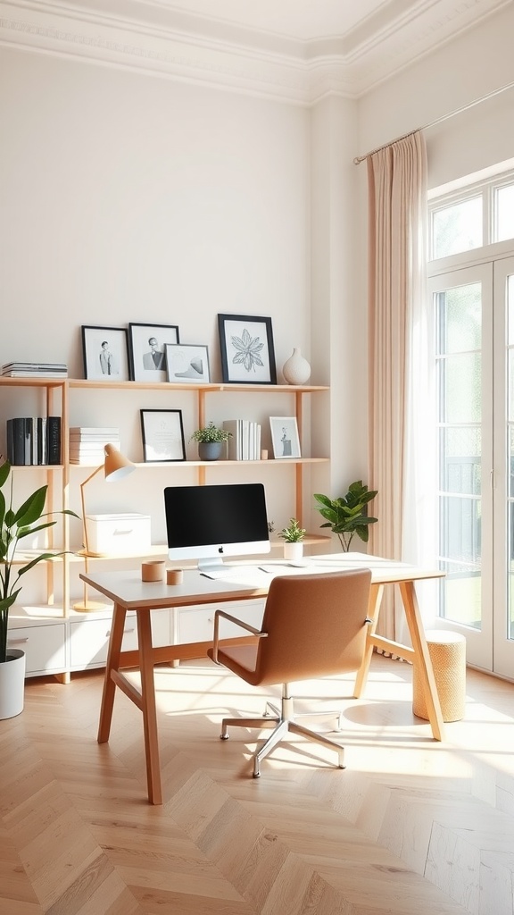 A bright, neutral home office with a wooden desk, computer, and stylish decor