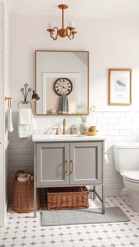 A taupe bathroom vanity with gold fixtures, a large mirror, and woven baskets in a stylish bathroom setting.