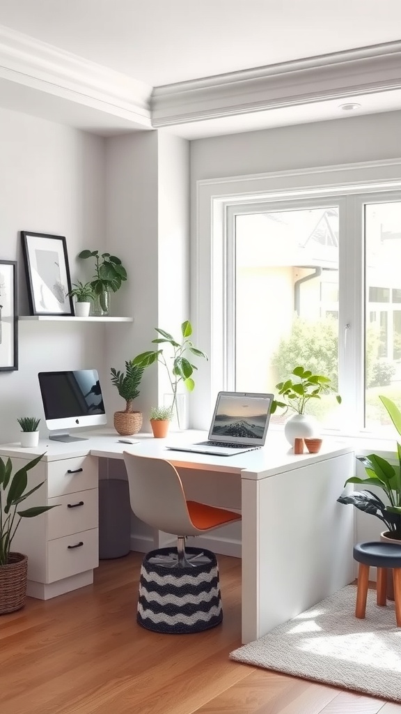 A bright home office featuring a custom built-in desk, potted plants, and a cozy chair with an orange accent.