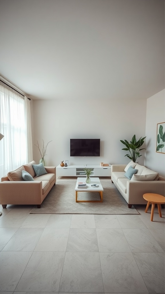 A modern living room with minimalistic design, featuring light-colored sofas, a coffee table, and a television.