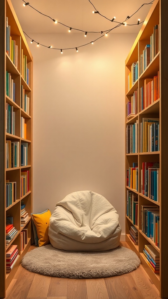 Cozy reading nook between two bookshelves with string lights and a bean bag chair