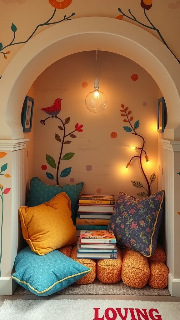 Cozy reading nook in the wall with colorful pillows and a stack of books