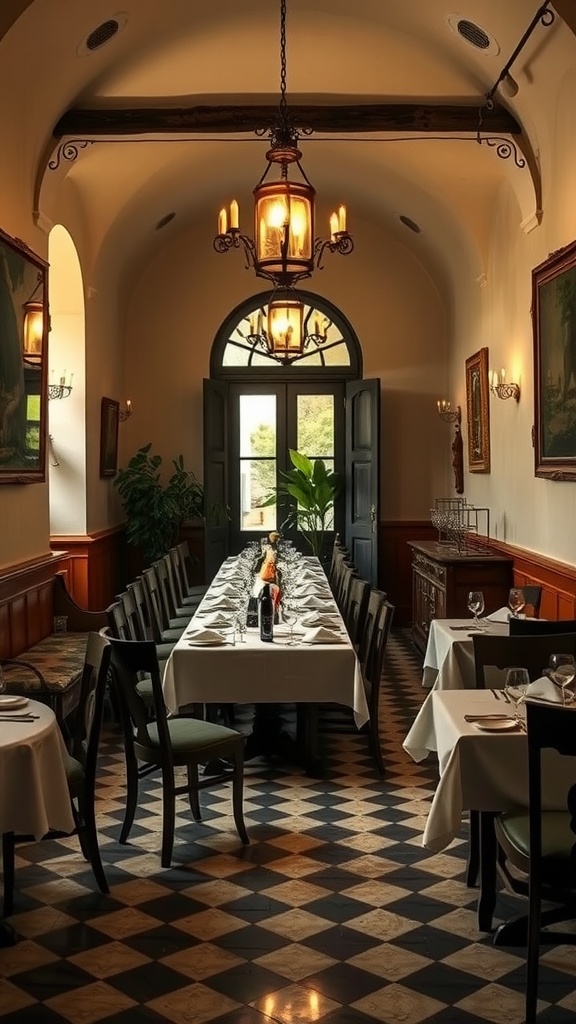 A luxurious Italian dining room in Assisi with a long table set for dining