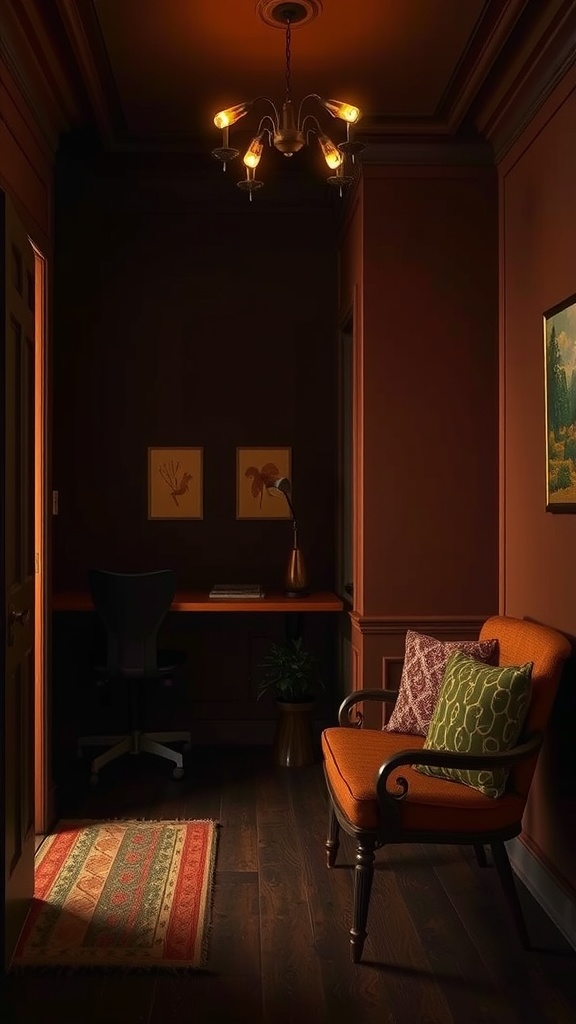 A cozy room featuring nutmeg brown walls, warm lighting, and inviting furniture.