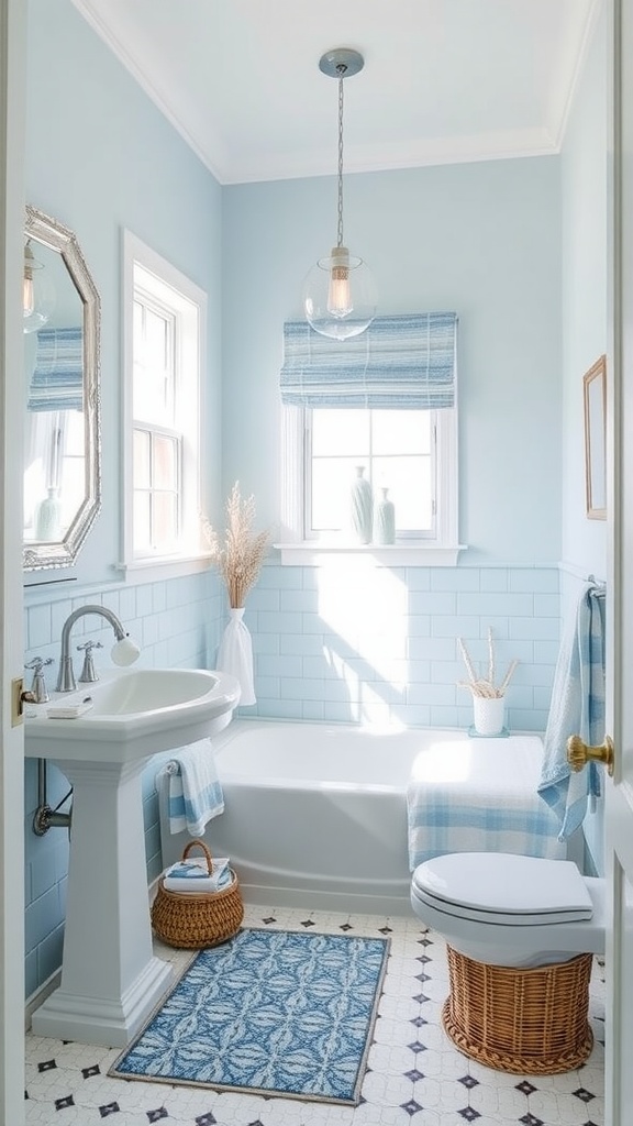 A serene bathroom with ocean-inspired decor featuring blue tiles and natural elements.