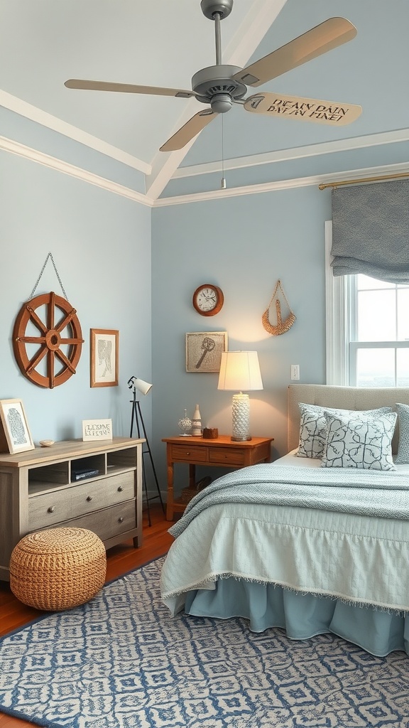 A cozy bedroom with Ocean Mist blue-gray walls, nautical decor, and natural light.