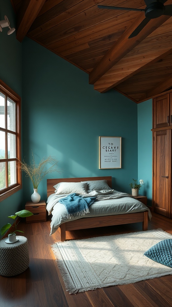 A cozy bedroom featuring oceanic teal walls and deep wooden accents.