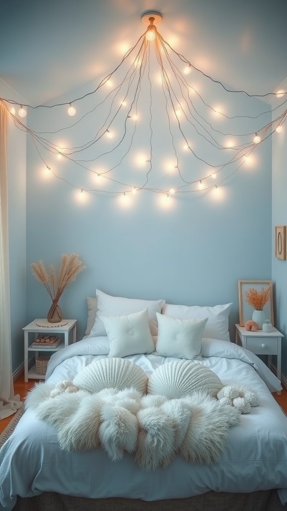 A cozy bedroom with blue walls, fairy lights hanging above the bed, and shell-shaped cushions on a fluffy white bedspread.