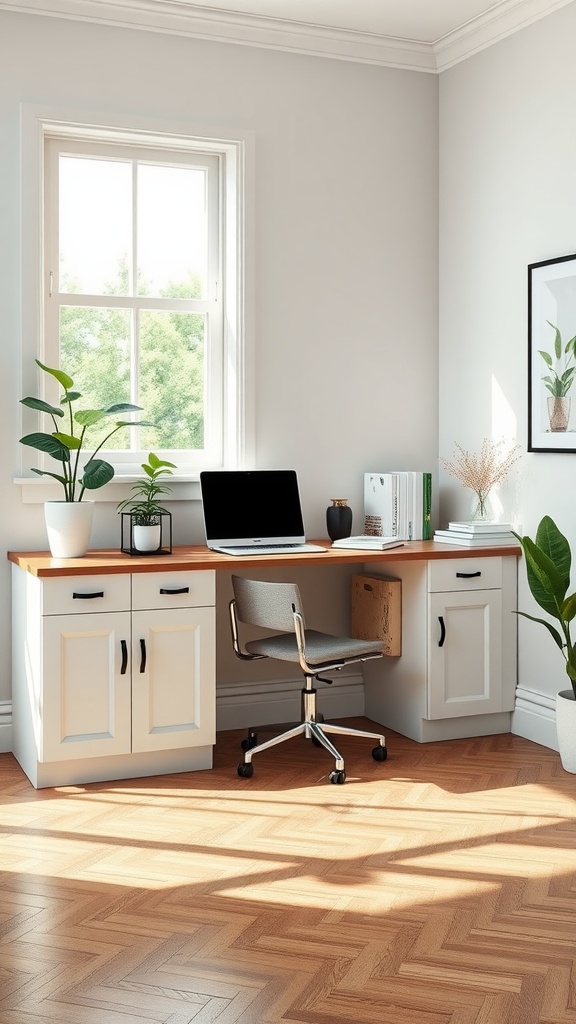 An office built-in desk with shaker doors, featuring a warm wood countertop and plants, creating a bright and inviting workspace.