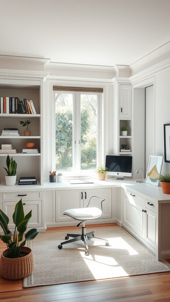 A bright and airy home office with a built-in desk made from Ikea cabinets, surrounded by bookshelves and plants.