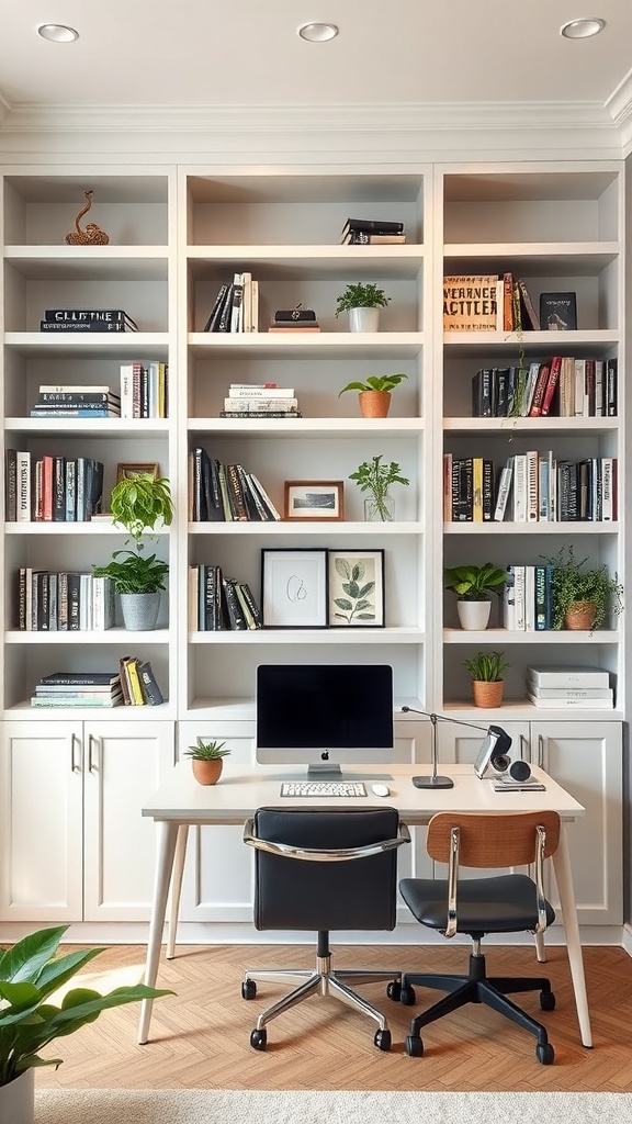 A stylish home office featuring a built-in desk with Ikea shelves, decorative plants, and modern chairs.