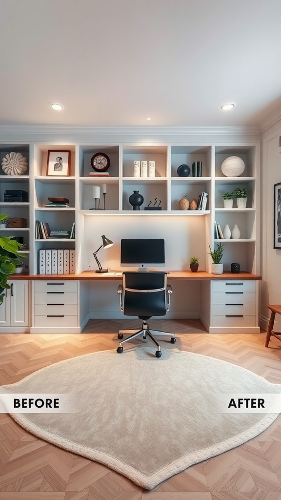 Before and after of a home office makeover featuring a built-in desk