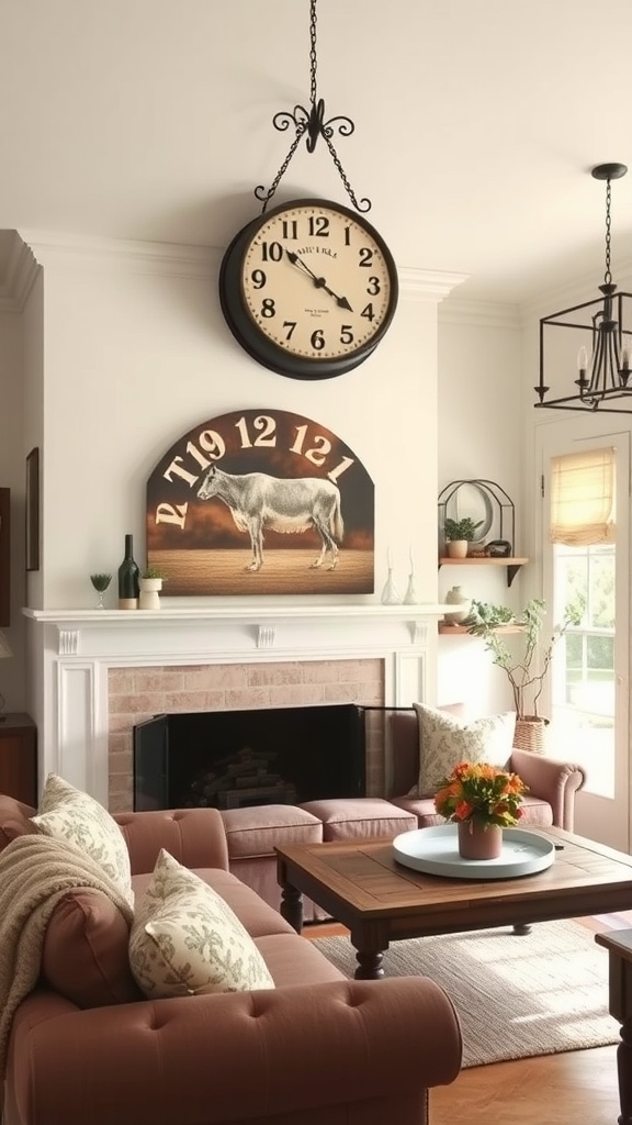A vintage-style wall clock above a rustic fireplace in a cozy living room