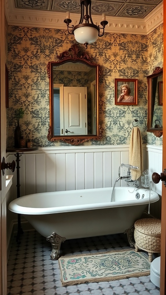 A cozy vintage bathroom featuring a clawfoot tub, floral wallpaper, ornate mirrors, and a woven basket.