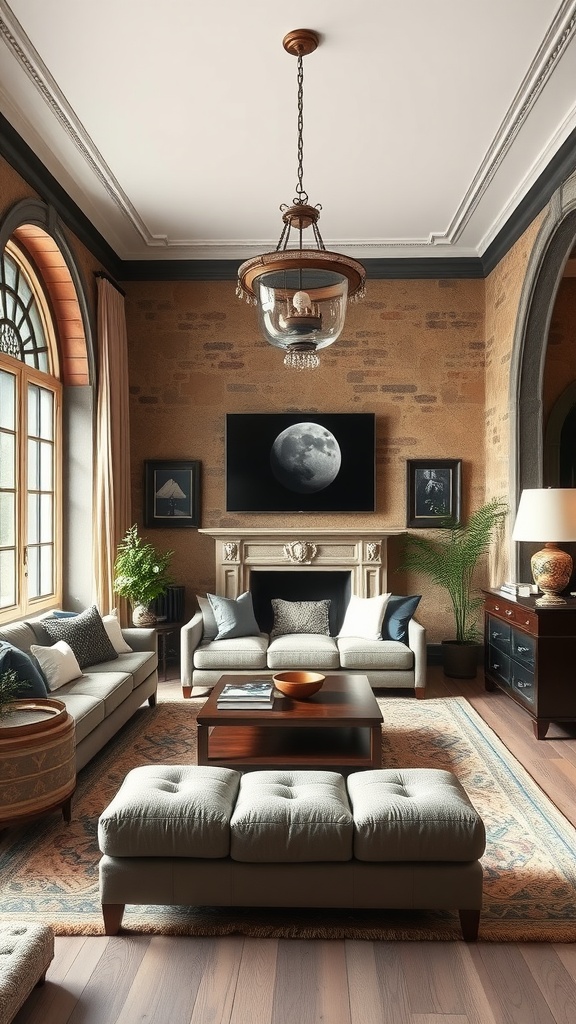 A modern living room featuring Gothic architectural elements, with stone walls, arched windows, and contemporary furniture.