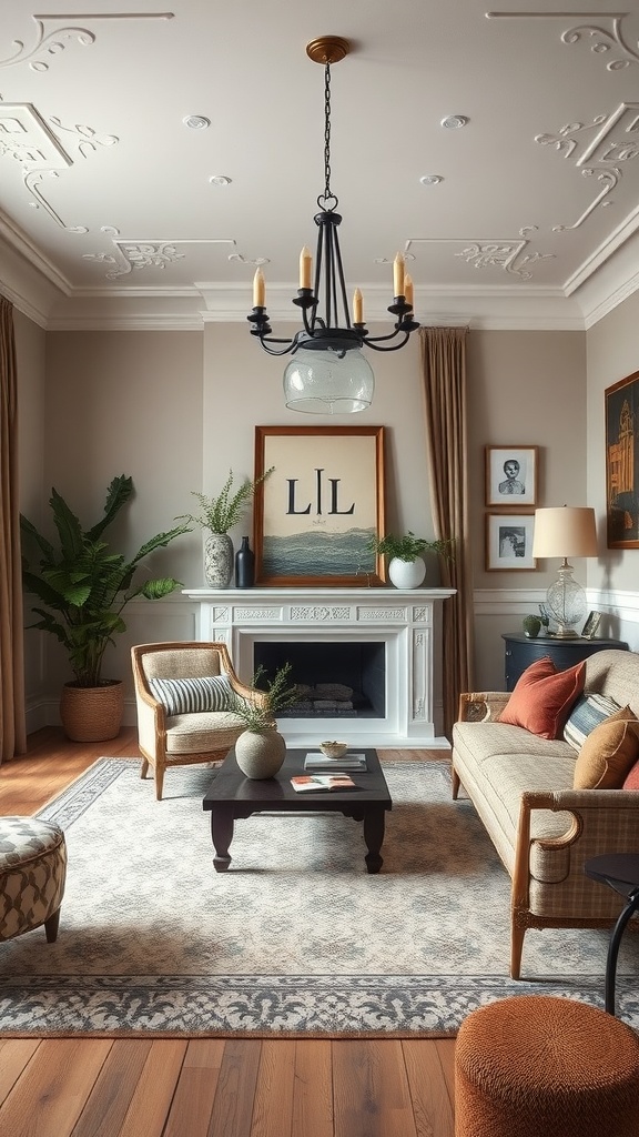 A beautifully designed living room featuring vintage and modern furniture, elegant chandelier, plants, and artwork.