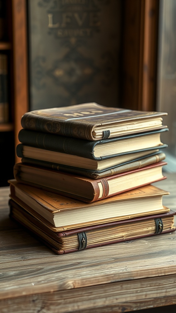 A stack of old books with leather binding on a wooden surface, creating a cozy and scholarly atmosphere.