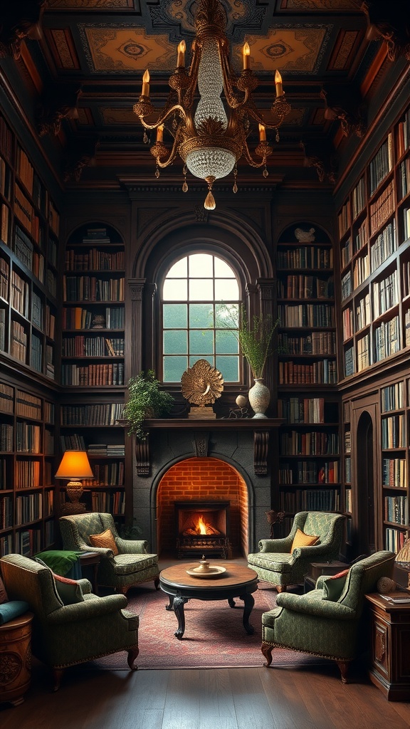 Cozy old-world home library featuring bookshelves, a chandelier, and a fireplace