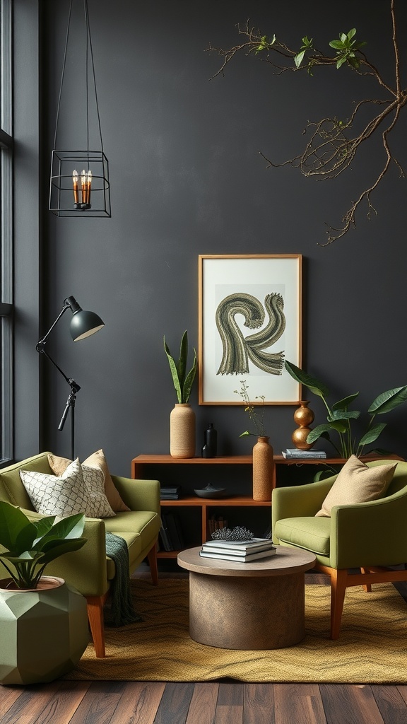 A stylish living room featuring olive green chairs, plants, and a charcoal gray wall