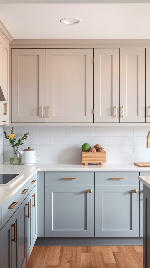 A kitchen featuring cabinets with an ombre finish, transitioning from light neutral tones at the top to deep blue at the bottom.