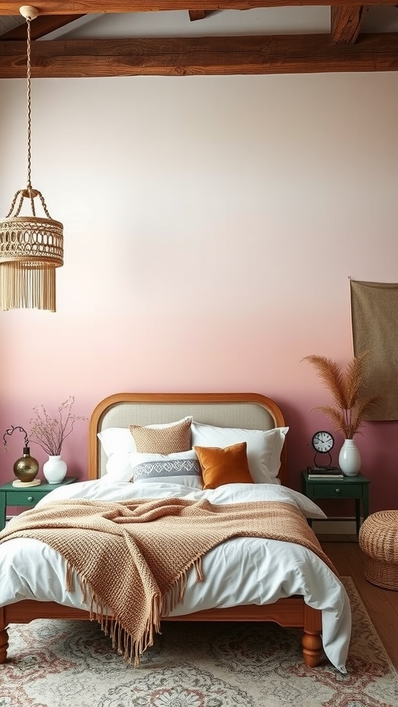 A bedroom featuring an ombre pink accent wall with a cozy bed and natural decor.