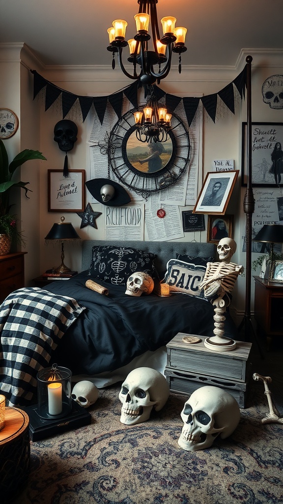 A cozy goth bedroom featuring skull decor, a chandelier, and a mix of dark and whimsical elements.