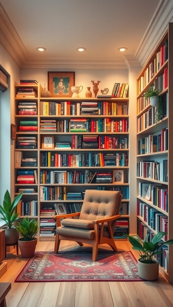 Cozy home library corner with a wall of books and a comfortable chair.
