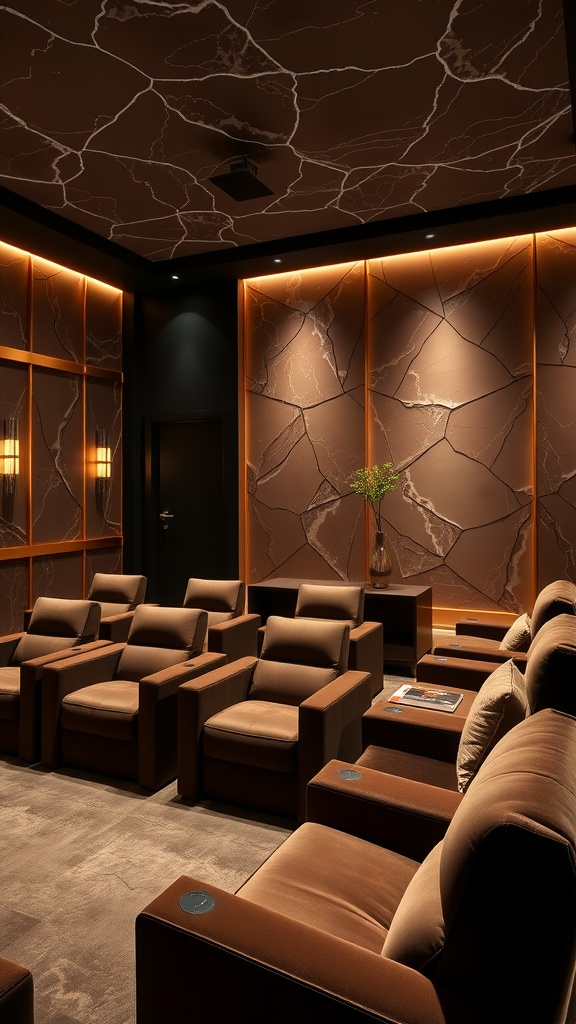 A cozy and modern media room featuring Onyx paint on the walls, warm lighting, and comfortable seating.