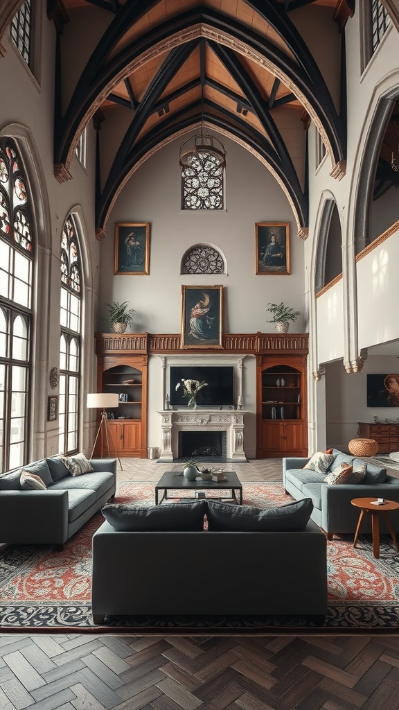 A spacious living room with Gothic architecture including high ceilings, arched windows, and elegant furniture.