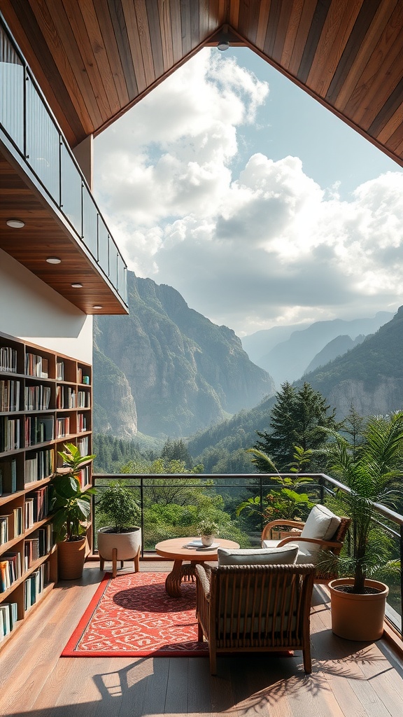 A cozy open air library balcony with a breathtaking mountain view, featuring bookshelves, comfortable seating, and plants.