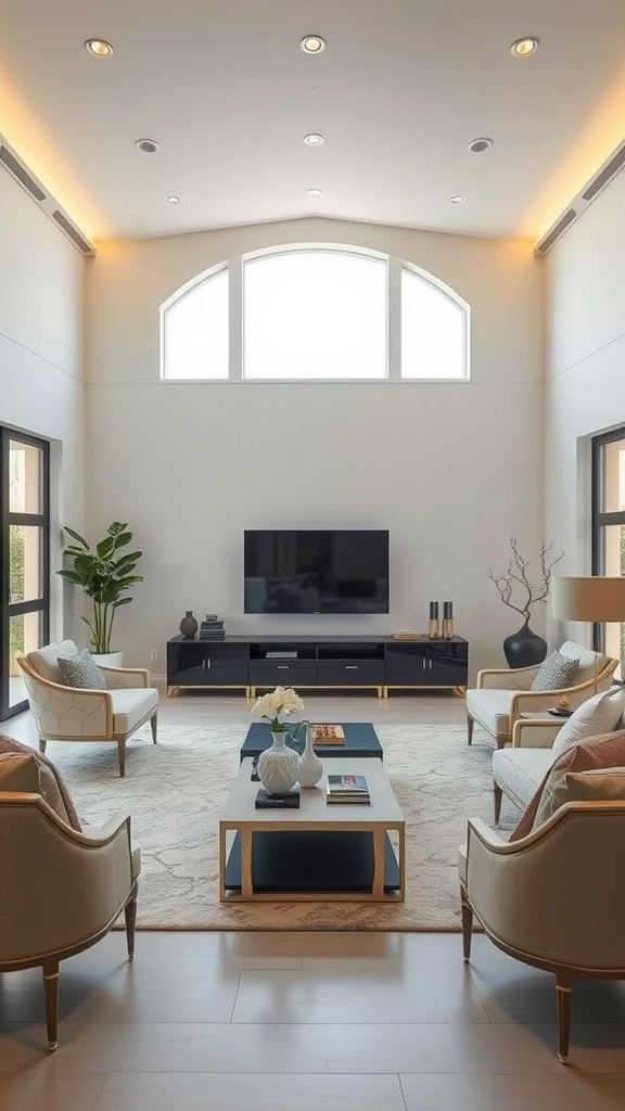 Stylish open concept living room with a TV centerpiece, featuring modern furniture and natural light.