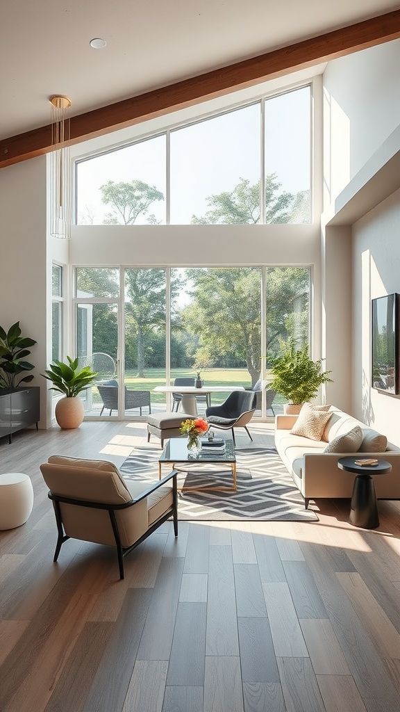 A bright and airy living room featuring large windows, modern furniture, and a blend of Art Deco and contemporary styles.