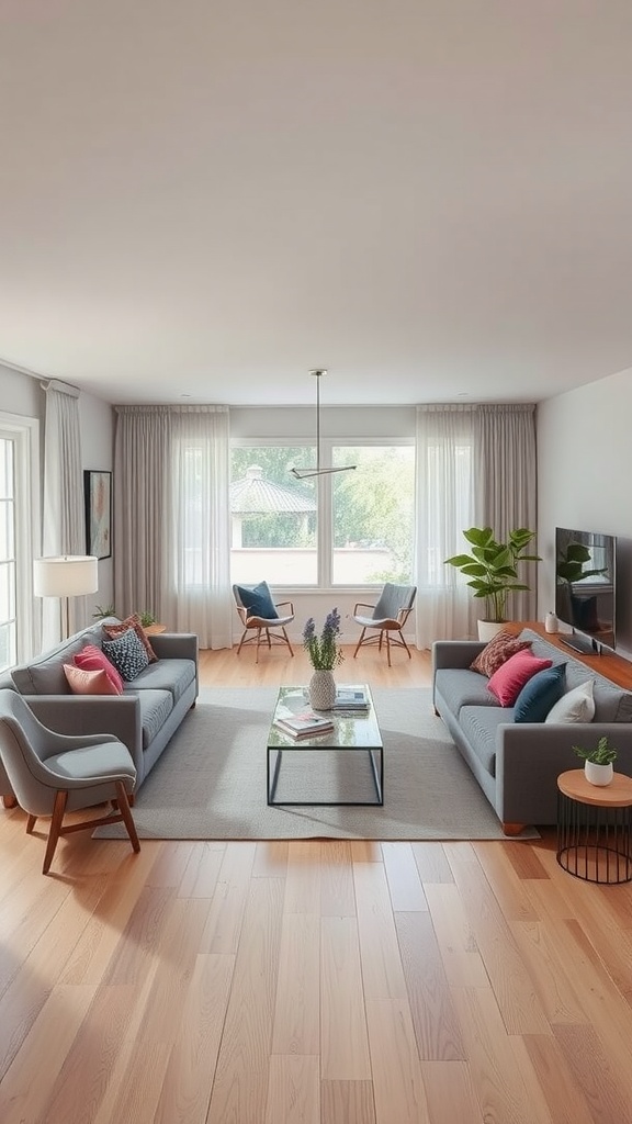 A cozy living room with an open layout, featuring grey sofas, colorful cushions, and large windows allowing natural light.