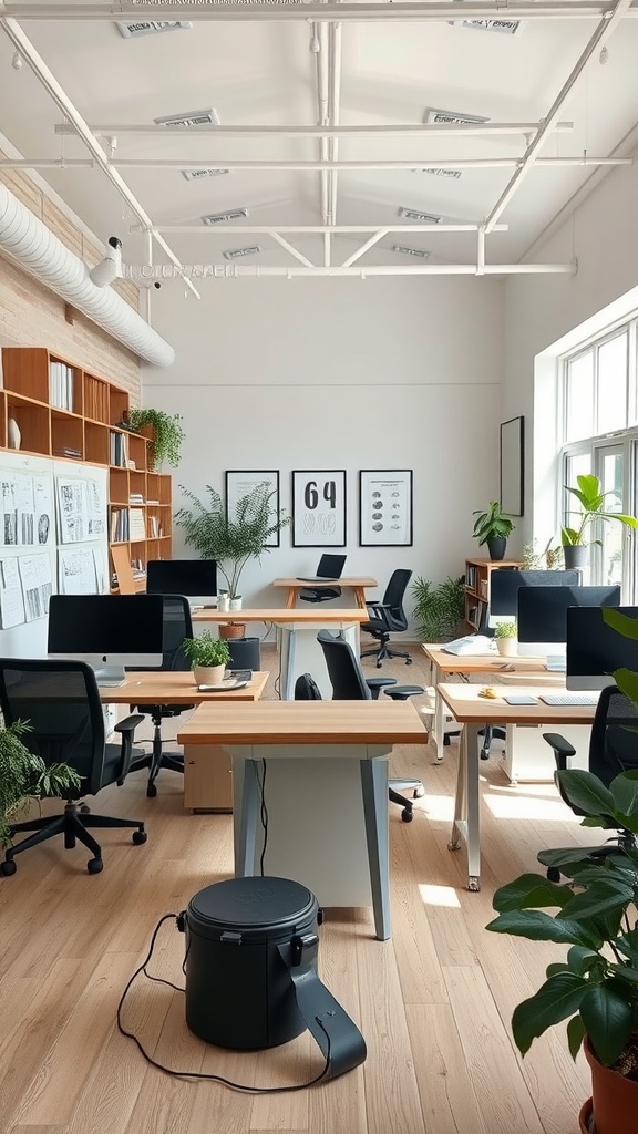 A modern open layout home office with multiple desks, plants, and natural light.
