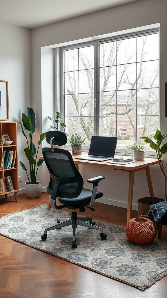 An open plan home office featuring a desk with a computer, a comfortable chair, and plants near large windows.