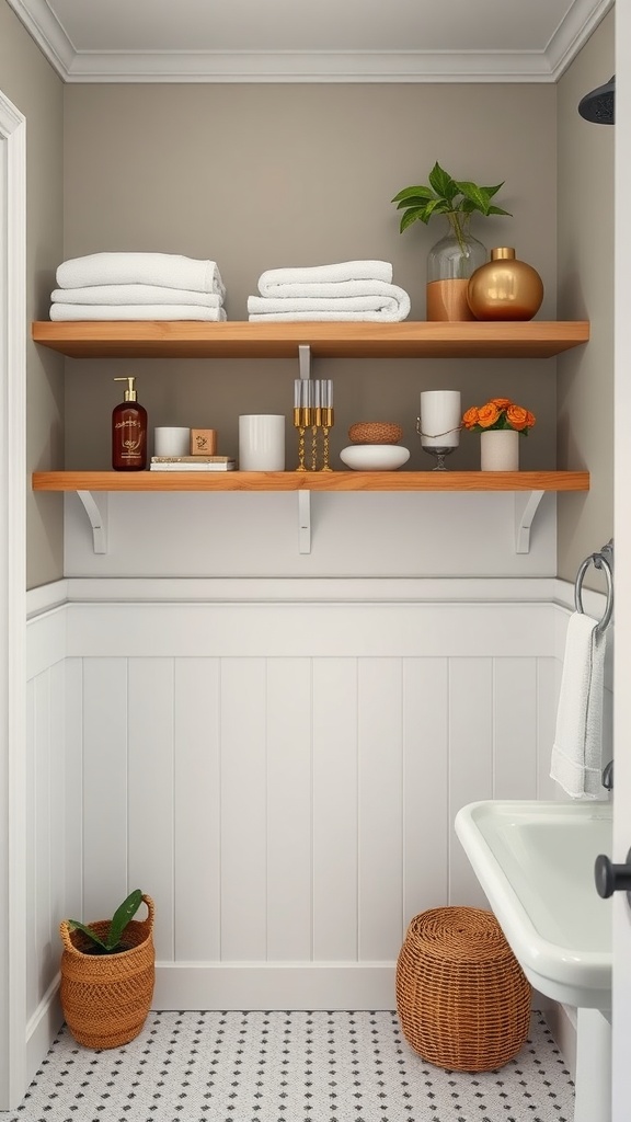 A cozy farmhouse bathroom featuring open wooden shelves with towels and decorative items.