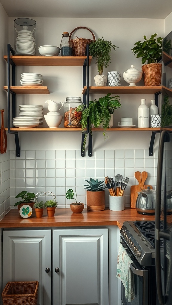 Open shelving in a cozy kitchen displaying plates, jars, and plants