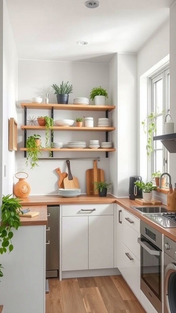 A modern small apartment kitchen with open shelves displaying dishes and plants, creating a bright and airy atmosphere.