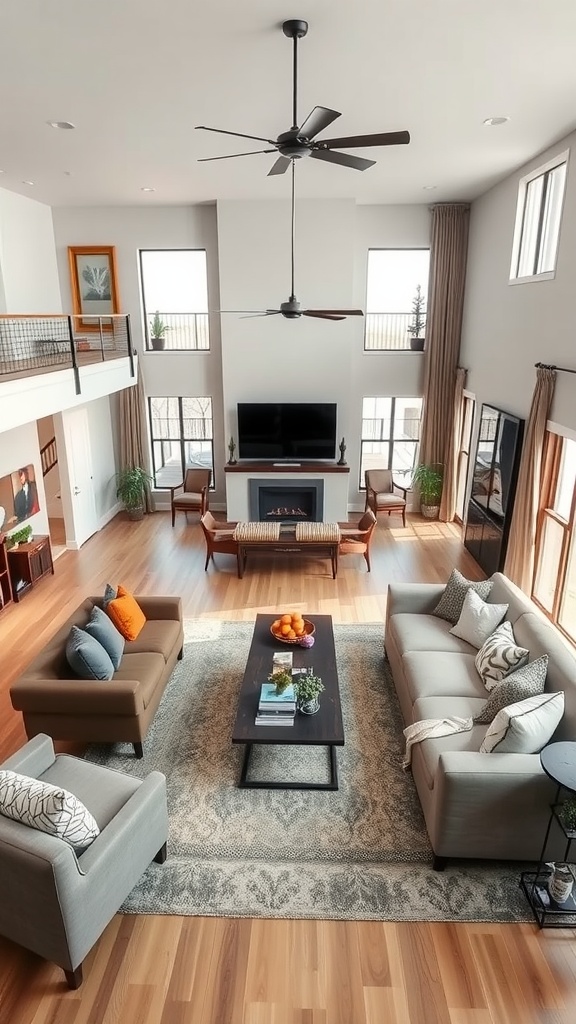 A spacious industrial living room featuring a comfortable sofa, a coffee table, and a dining area with stylish chairs, all in a warm, inviting setting.