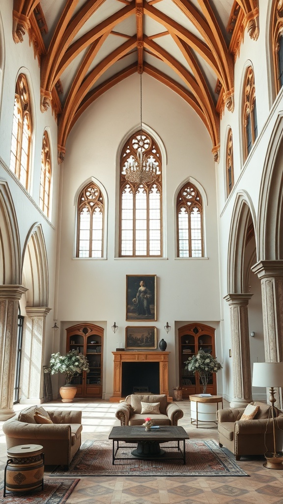 A living room featuring high Gothic ceilings with wooden beams, large arched windows, and modern minimalist furniture.