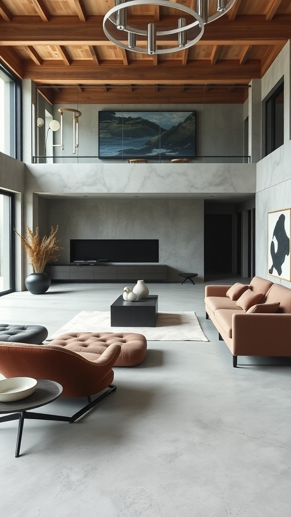 A modern living room featuring a combination of concrete walls, wooden ceiling, velvet furniture, and large windows.