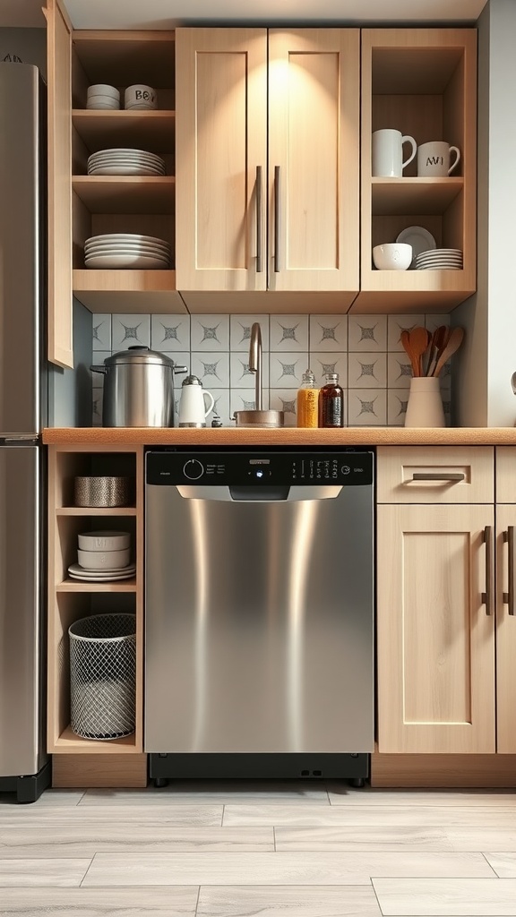 A compact dishwasher integrated into a small kitchen with light wood cabinetry and open shelves.