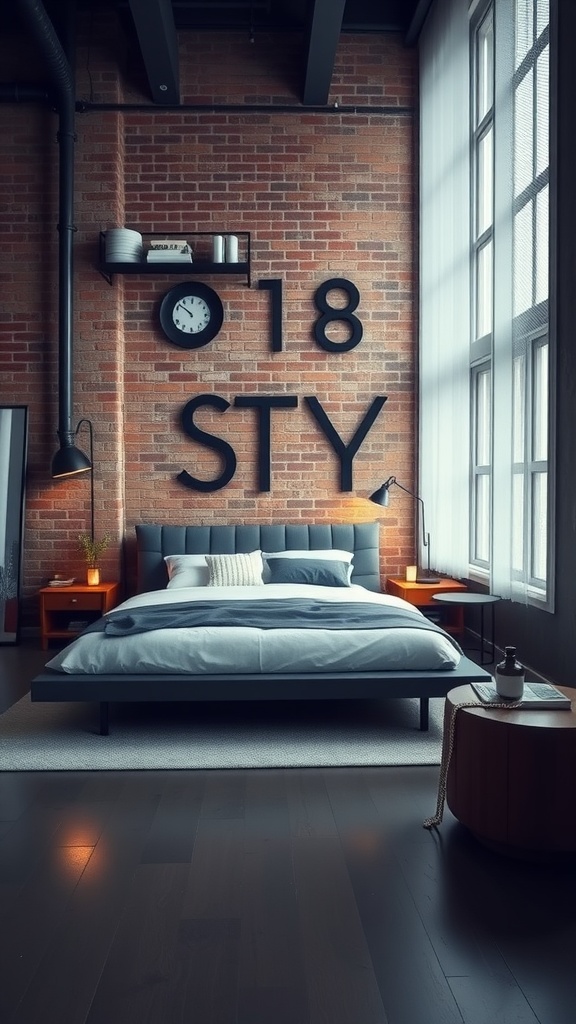 Modern industrial bedroom featuring a platform bed, exposed brick wall, and stylish decor.